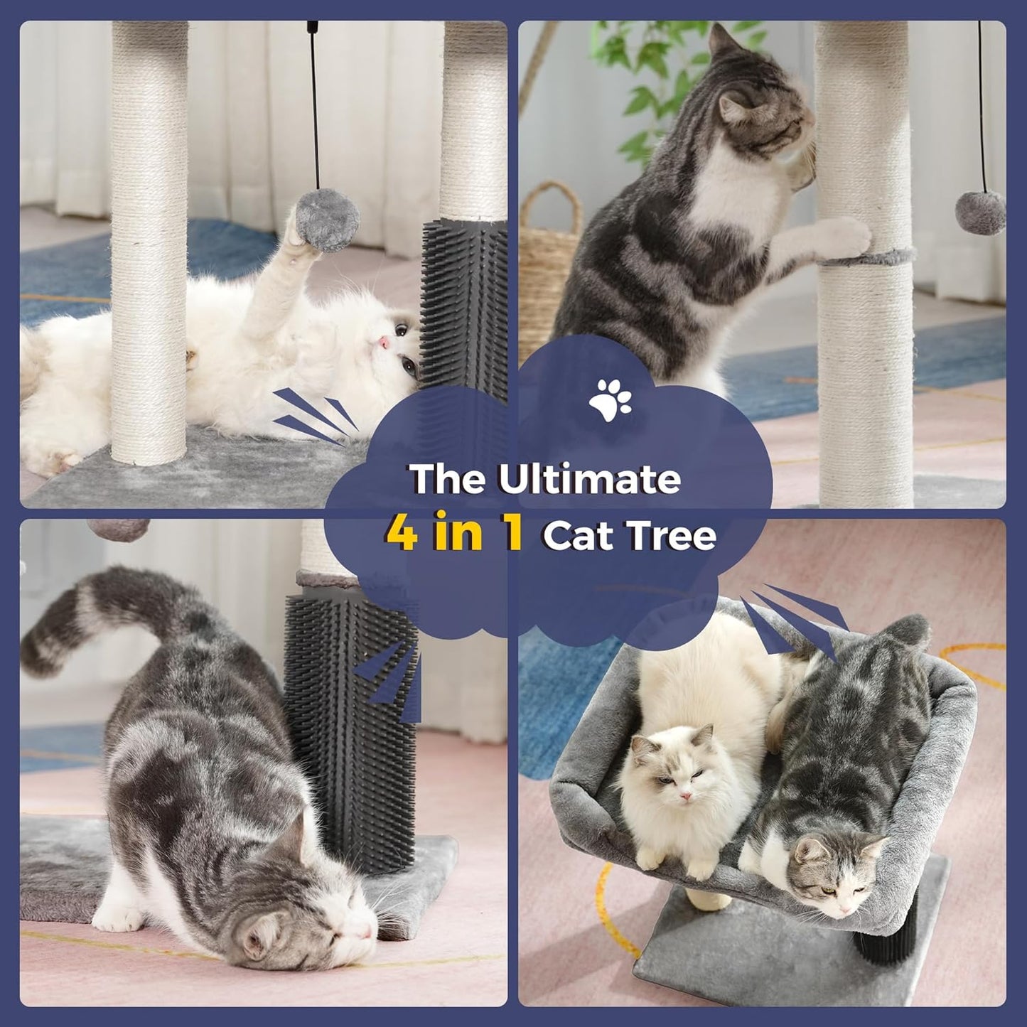 Cat Tree Tower for Large Cats Cat Scratching Post with 20x15.7”Wide Top Bed, Self Groomer, Thick Scratch Post [Dia=4.5”] and Danging Ball Great for Indoor Cats-Large Grey