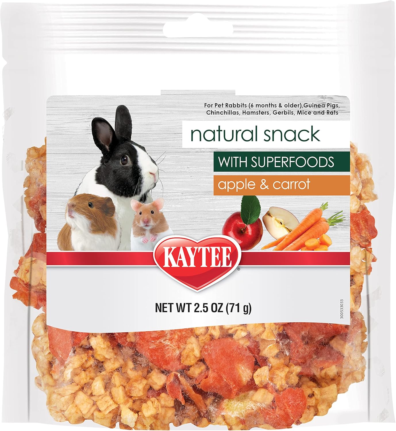 Kaytee Natural Snack with Superfoods For Pet Guinea Pigs, Rabbits, Hamsters, and Other Small Animals, Apple & Carrot, 2.5 Ounces