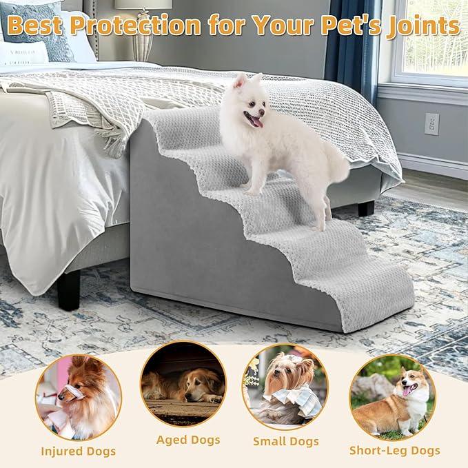 MIHIKK Dog Stairs Ramp, Curved 5-Step Dog Steps for Small Dogs and Cats, Pet Stairs for High Beds and Couch with Anti-Slip Washable Cover and Durable High Density Foam, Grey