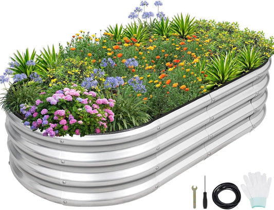 1MORE Galvanized Raised Garden Bed- Planter Garden Boxes Outdoor, Raised Beds for Gardening, 4x2x1ft Metal Garden Bed Kit for Vegetables Flower, Planter Raised Bed with Protective Tape & Tools.Silver