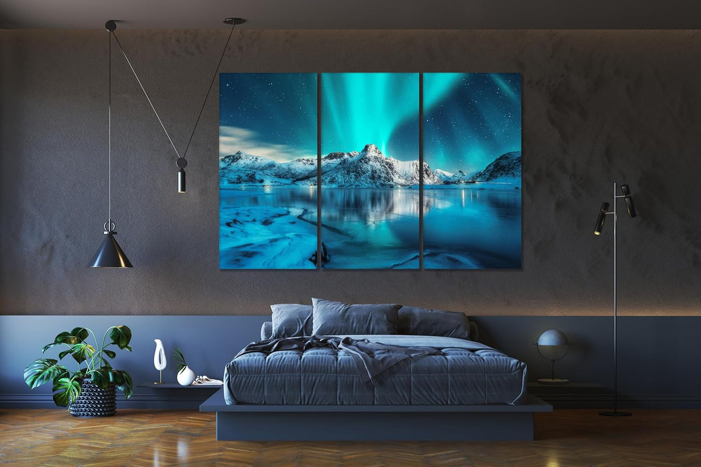 Nature Wall Art Prints - Ocean Forest Mountain Lake Canvas Landscapes - Small to Extra Large Living Room Bedroom Kitchen Bathroom Décor (Northern Lights Over Lake, 35L" x 53W" - 3 Panels)