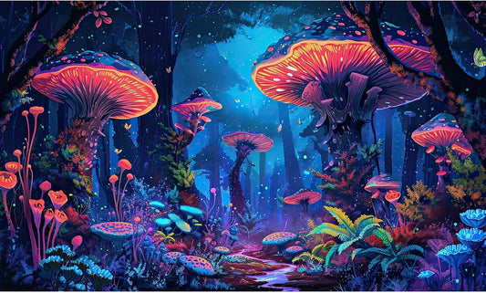 Mushrooms Aquarium Background Fantasy Bright Flowers Butterflies Fish Tank Backdrop Decoration Poster Trippy Wonderland Landscape with Giant Mystical Mushrooms Terrarium Background Decor 72x18in