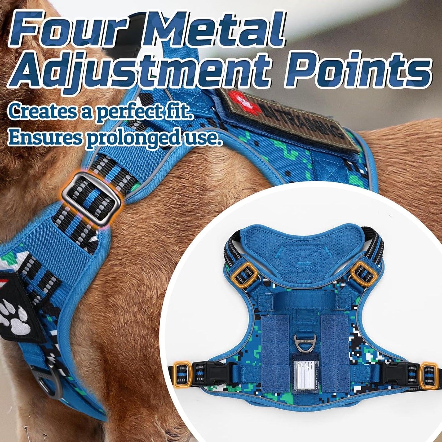 rabbitgoo Tactical Dog Harness for Small Dogs, No Pull Military Service Vest with Handle & Molle, Easy Control for Training Walking, Adjustable Reflective Straps, Blue Camo, S