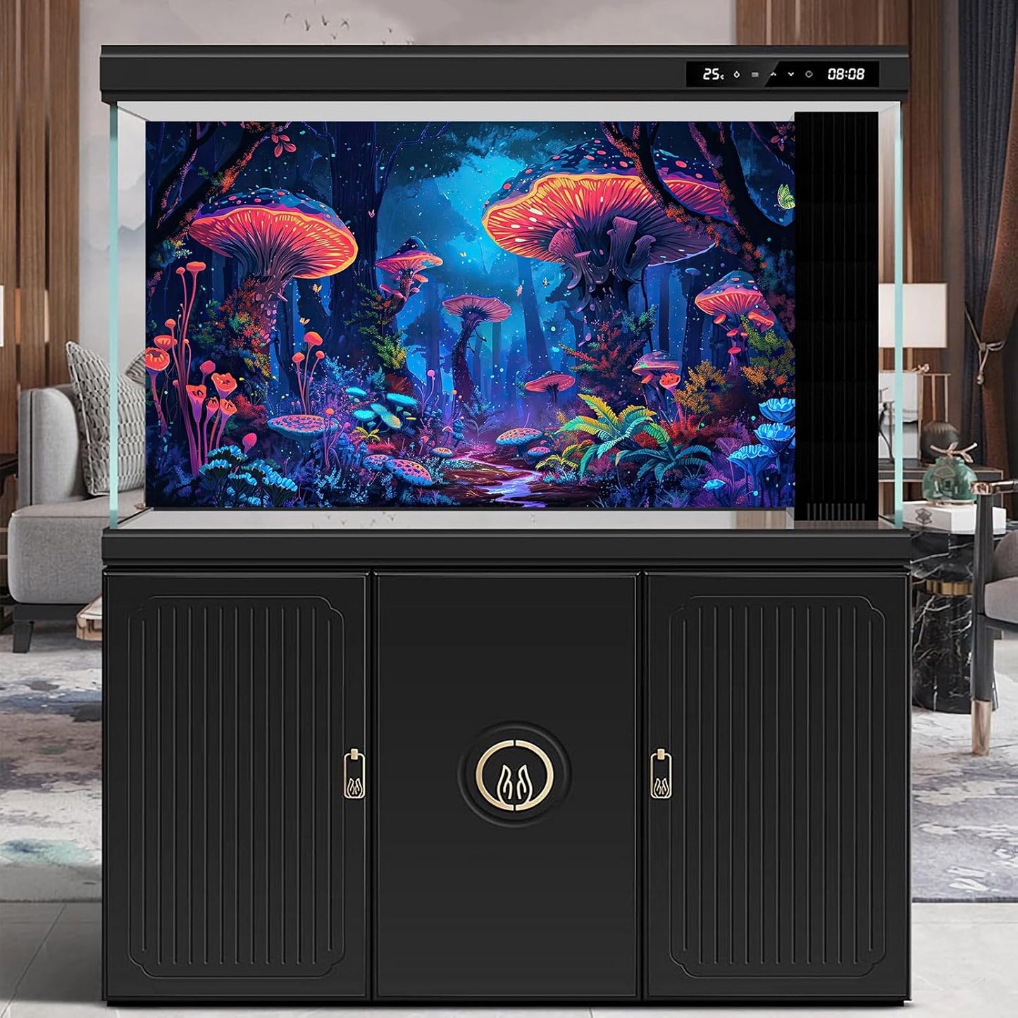 Mushrooms Aquarium Background Fantasy Bright Flowers Butterflies Fish Tank Backdrop Decoration Poster Trippy Wonderland Landscape with Giant Mystical Mushrooms Terrarium Background Decor 72x16in