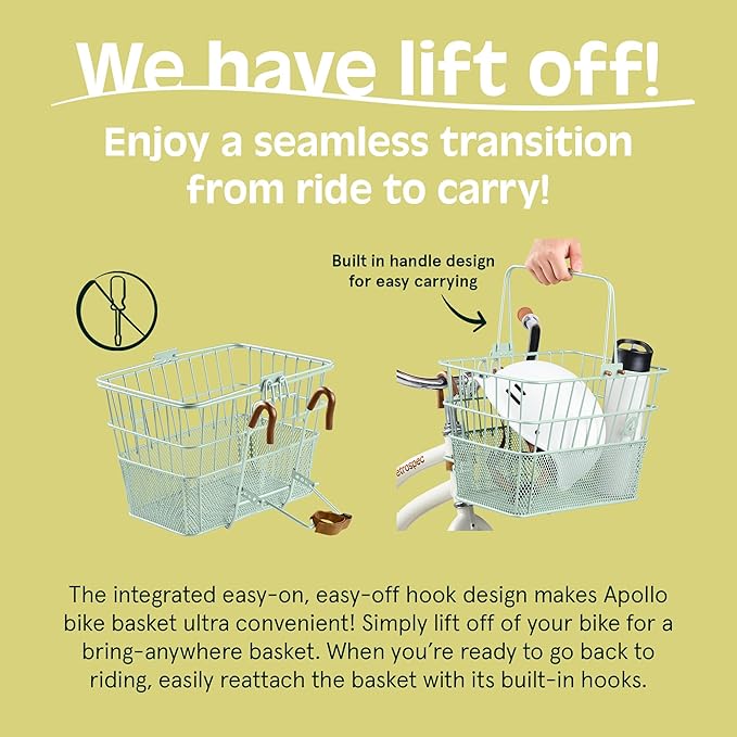Retrospec Apollo Detachable Front Bike Basket Steel Half-Mesh with Integrated Detachable Hooks and Built-In Handle, Easy Assembly and Portability for Bicycles