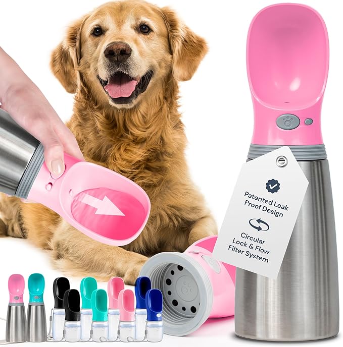MalsiPree Insulated Dog Water Bottle - 24 Oz, Pink - Leak-Proof Stainless Steel Portable Travel Dispenser & Bowl