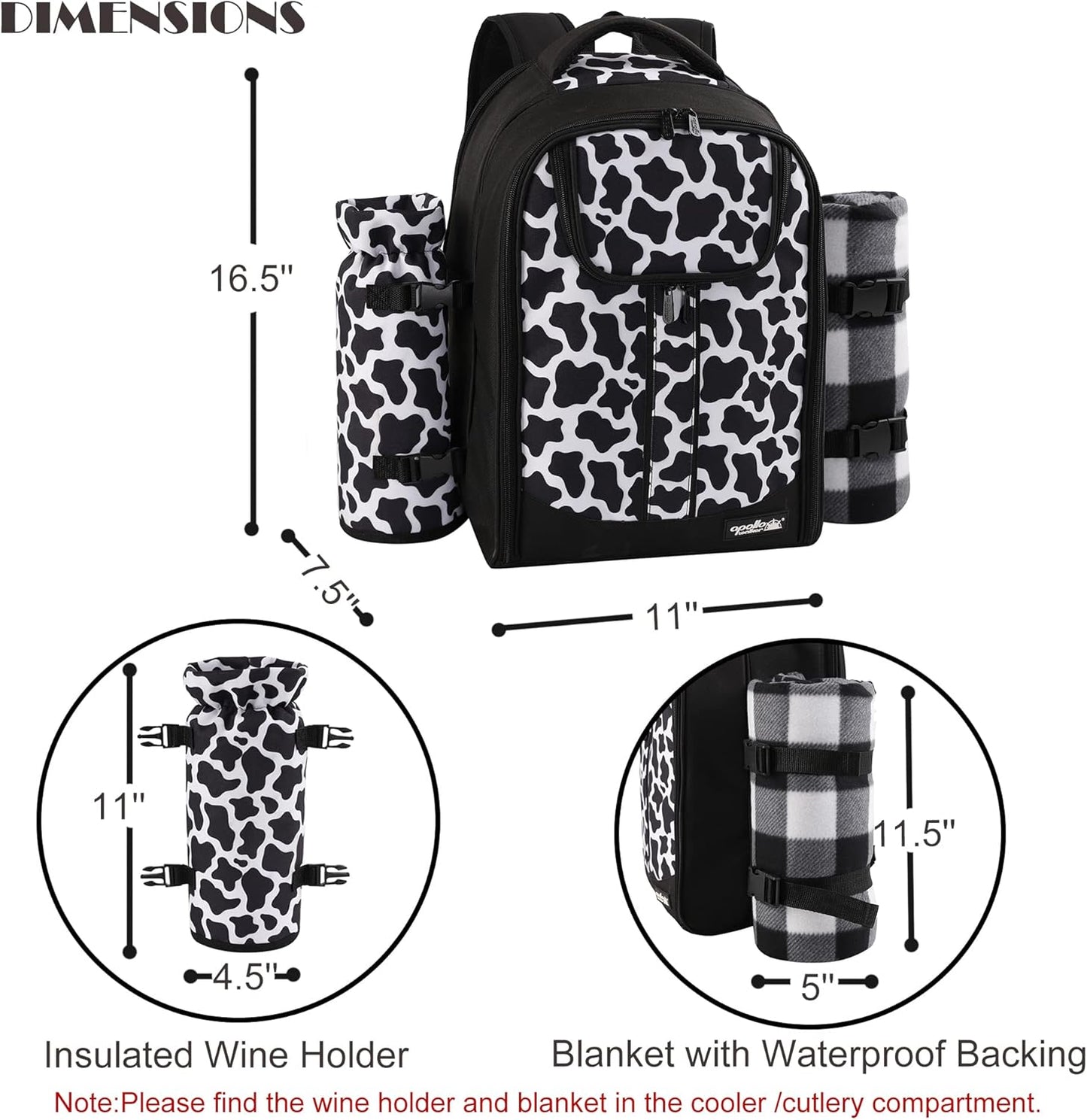 apollo walker Picnic Backpack Bag for 2 Person with Cooler Compartment, Detachable Bottle/Wine Holder, Fleece Blanket, Plates and Cutlery Set (2 Person, Black)