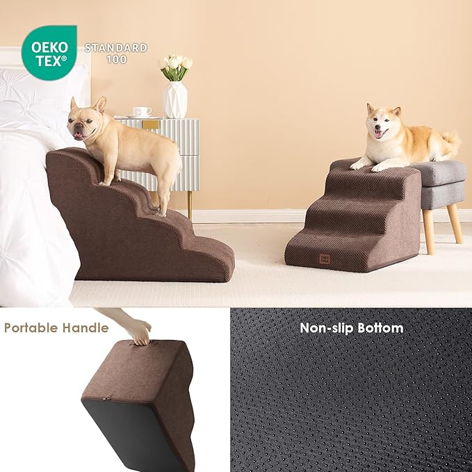 EHEYCIGA Curved Dog Stairs Ramp for Small Dogs 15.7" H, 3-Step Dog Steps for Couch Sofa and Chair, Pet Stairs for Cats, Non-Slip Balanced Pet Steps Indoor, Brown