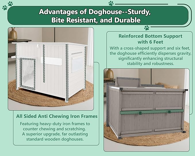43.3" L Large Outdoor Dog House Weatherproof Doghouse for Medium to Large Dogs with Anti Bite Frames Wooden Dog Kennel with Window,8 Elevated Feet,Reinforced Bottom for Pet Up to 180 LBS