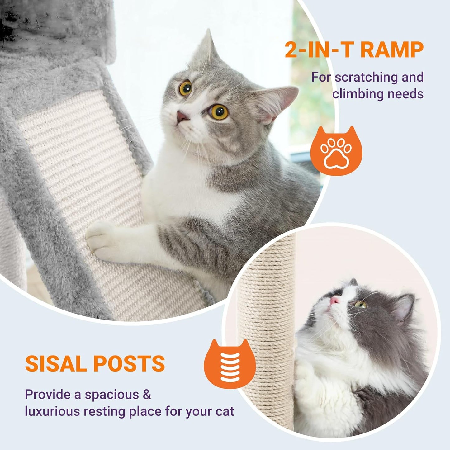 Allewie 81 Inches Tall Cat Tree/Multi-Level Large Climbing Tree House and Towers for Big Feline/Condo and Hammock/Scratching Post/Wide Base/Grey