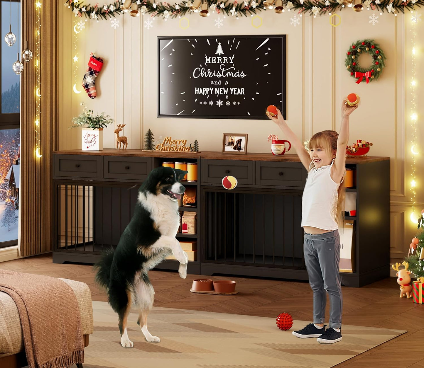 Dog Crate Furniture 47", Large Dog Crate TV Stand with 2 Drawers and 4 Shelves, Wooden Dog Kennel Indoor, Decorative Dog Cage with Storage for Large Dogs, Black