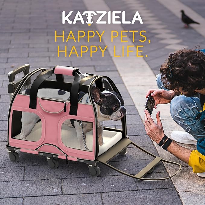 Katziela Pet Carrier - Airline Compliant Dog Carrier - TSA Approved Pet Carrier for Small Dogs and Cats - Soft FAA Travel Airplane Dog Carrier Luggage (Pink/White-6 Wheels)