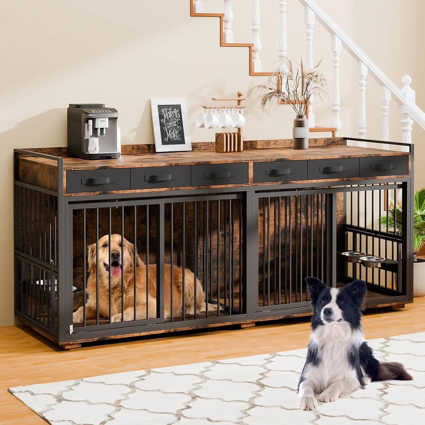 86.6Inch Large Double Dog Crate Furniture,Heavy Duty Metal Frame Dog Crate Kennel with Adjustable Feeder Bowls and Removable Divider&Drawers,Chew-Resistant Dog Kennel for 2 Dogs Indoor