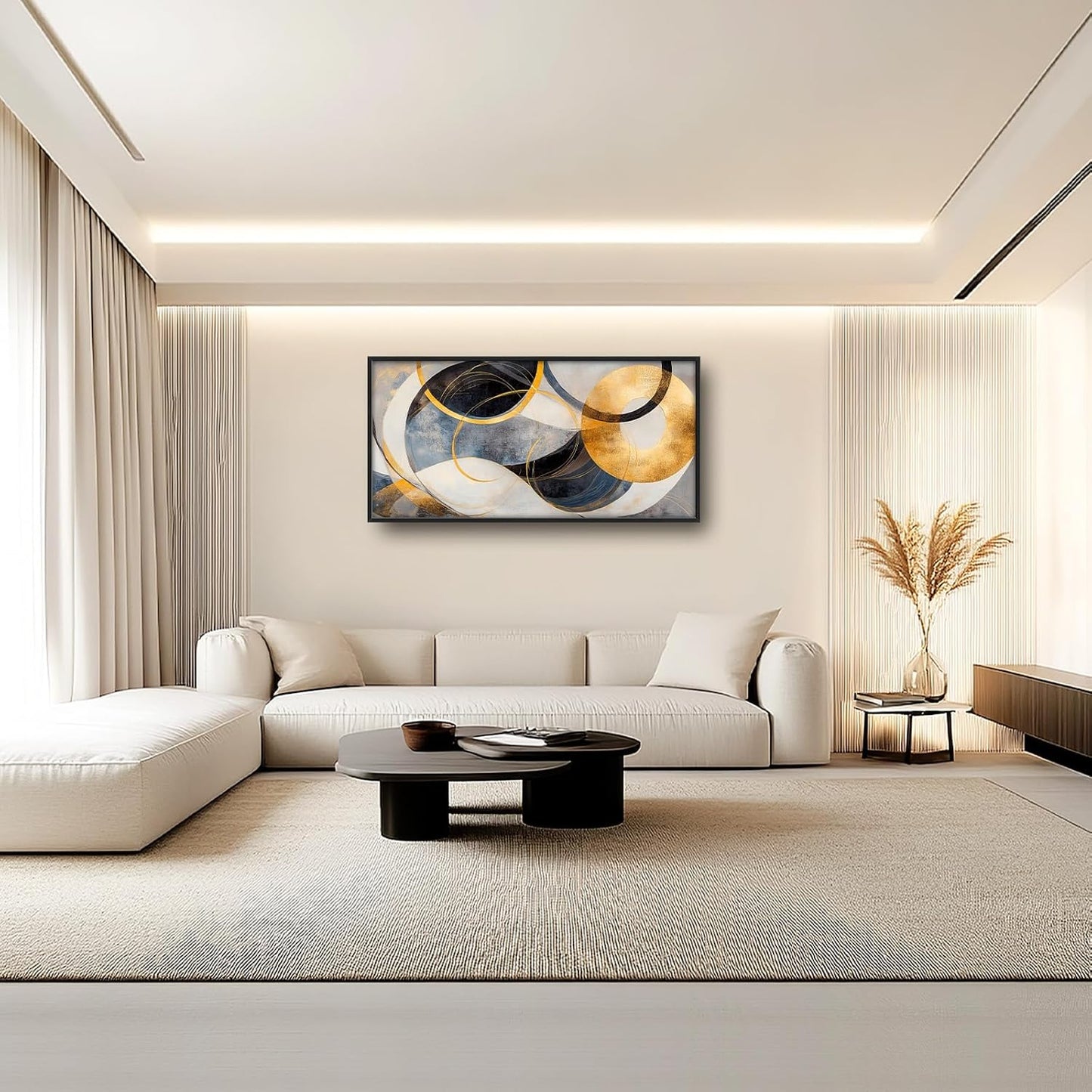 Large Abstract Wall Art for Living Room, Oversized Abstract Circle Wall Decor, Black and Golden Abstract Canvas Painting Modern Artwork Home Decoration for Living Room Bedroom Office Framed 60"x30"