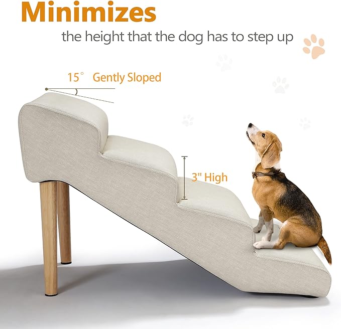 Senneny Imitation Linen Faux Leather Dog Stairs, for Pets up to 150 lbs, Waterproof, Scratch Resistant Pet Steps/Stairs with High Density Foam and Detachable Wooden Legs, Light Beige Linen, 4 Step