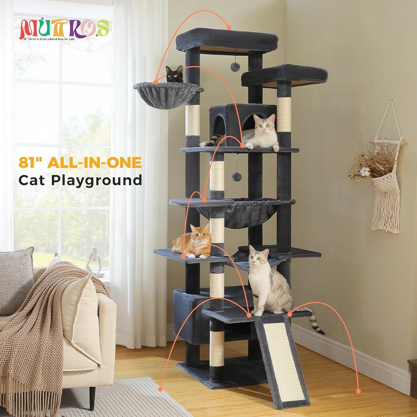 81" Heavy Duty Cat Tree for Large Cats up to 20lbs - Extra Tall Cat Tower with Metal Frame Hammock, 6 Sisal Scratching Posts, 2 Perches - Indoor Cat Furniture for Maine Coon, Dark Gray