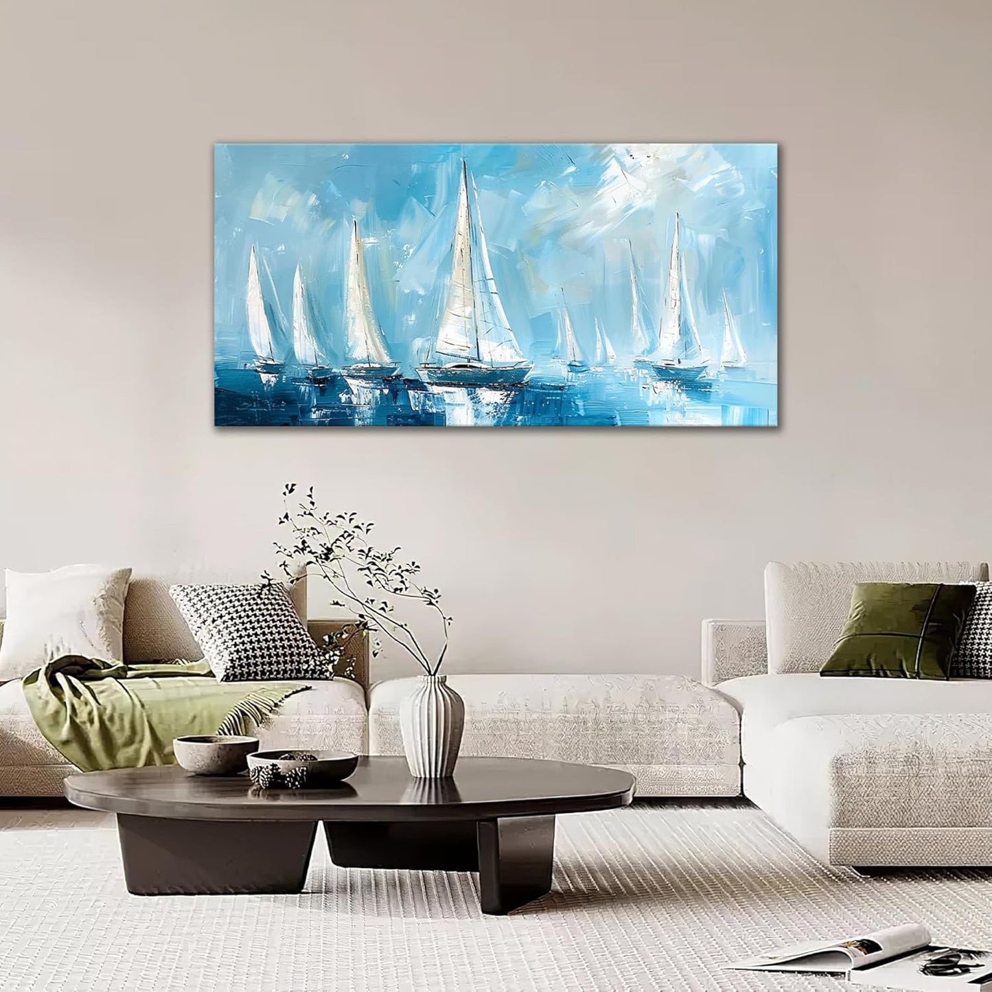 Large Blue and White Sailboat Wall Art Nautical Sails Canvas Living Room Ocean Pictures Framed Prints Oversize Wall Decor Painting Artwork for Bedroom Dining Office Home 60"x30"