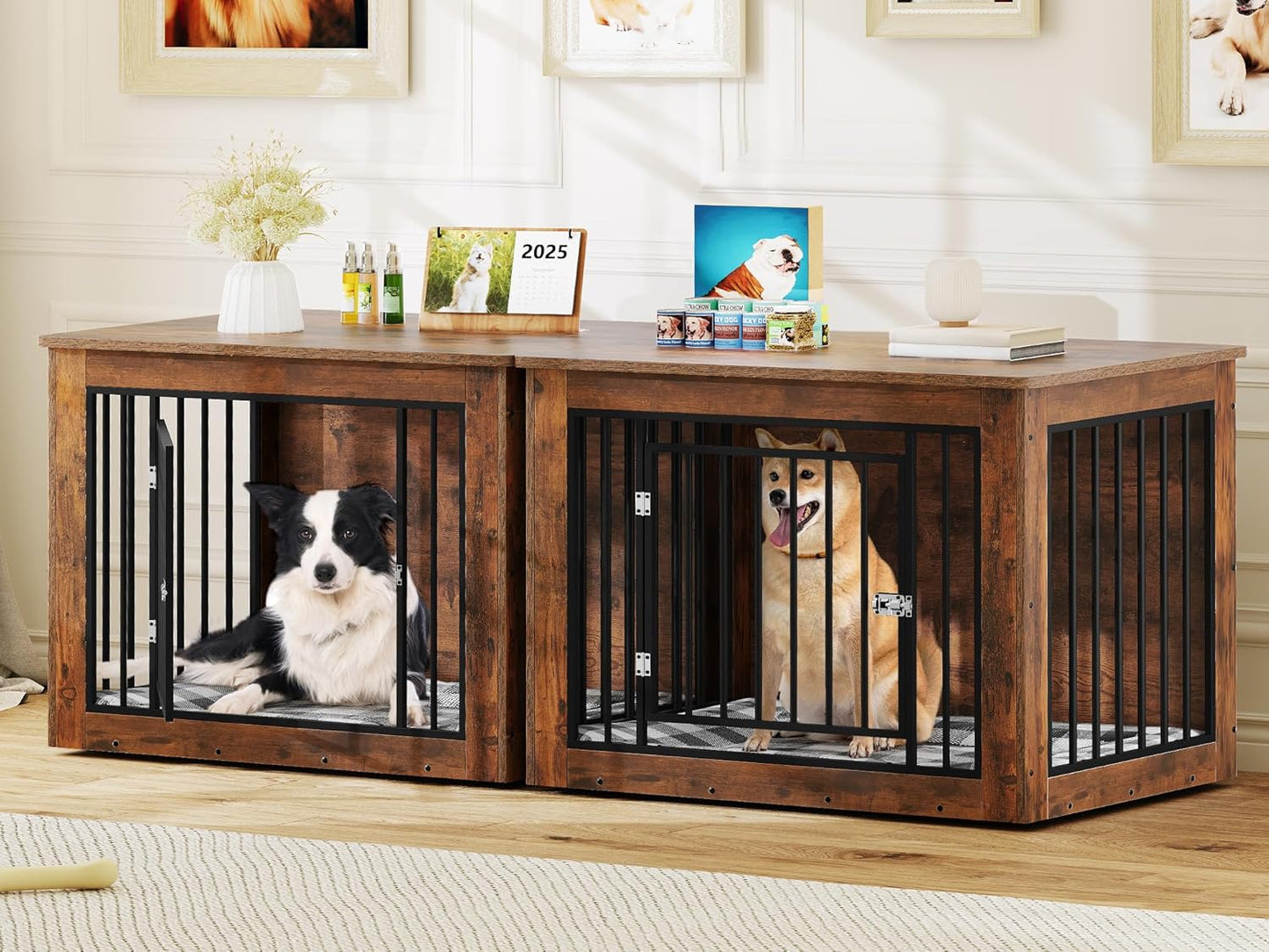 YITAHOME 76 Inch Double Dog Crate Furniture, XXL Dog Crate Furniture for 2 Dogs, Side End Table, Waterproof, Safety Corners, 2-in-1 Iron-Wood Fusion Dog Kennel Furniture for 2 Large Dogs,Rustic Brown