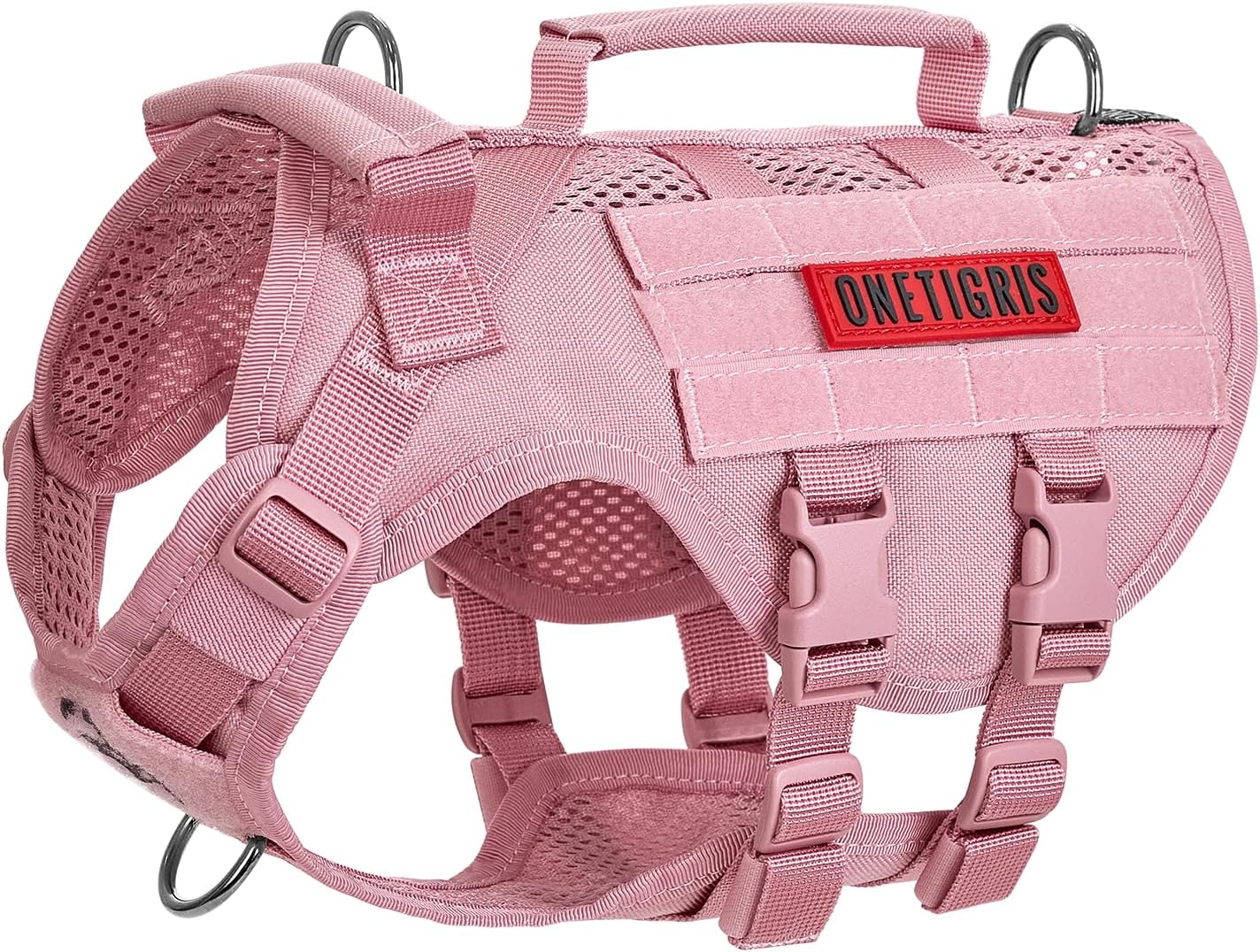 OneTigris Tactical Dog Harness for Small Dogs, No Pull Small Dog Vest Harness with Handles Breathable Military Dogs Molle Vests, Harness for Walking Hiking Training (Pink, XS)