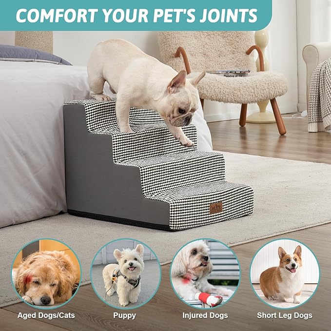 Dog Stairs for Small Dogs, 4 Tier Wider Pet Stairs for Couch and Beds, 17.7" H Non-Slip Dog Steps for Old Cats, Puppy, Small Medium Dogs, 17.7x23.6x17.7 inch, White Black