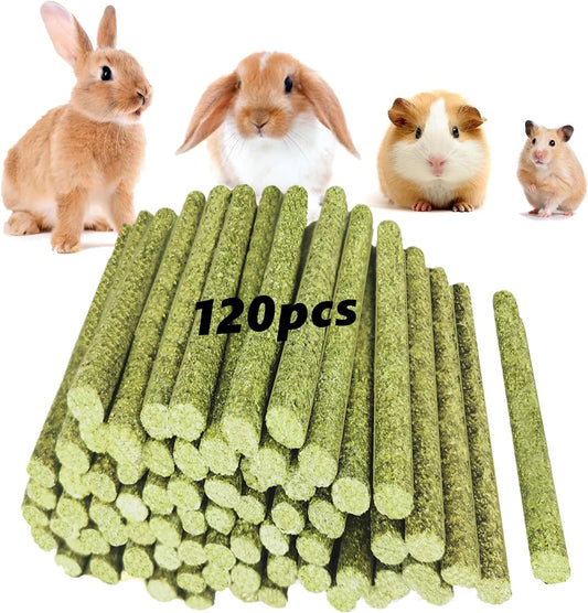 Rabbit Toys,Timothy Hay Stick for Guinea Pig Toy Bunny Chew Toys for Teeth Grinding Hamster Alfalfa Bite Treat Rabbit Molar Food Snack for Pet Rat Chinchilla Squirrel Gerbil-120PCS