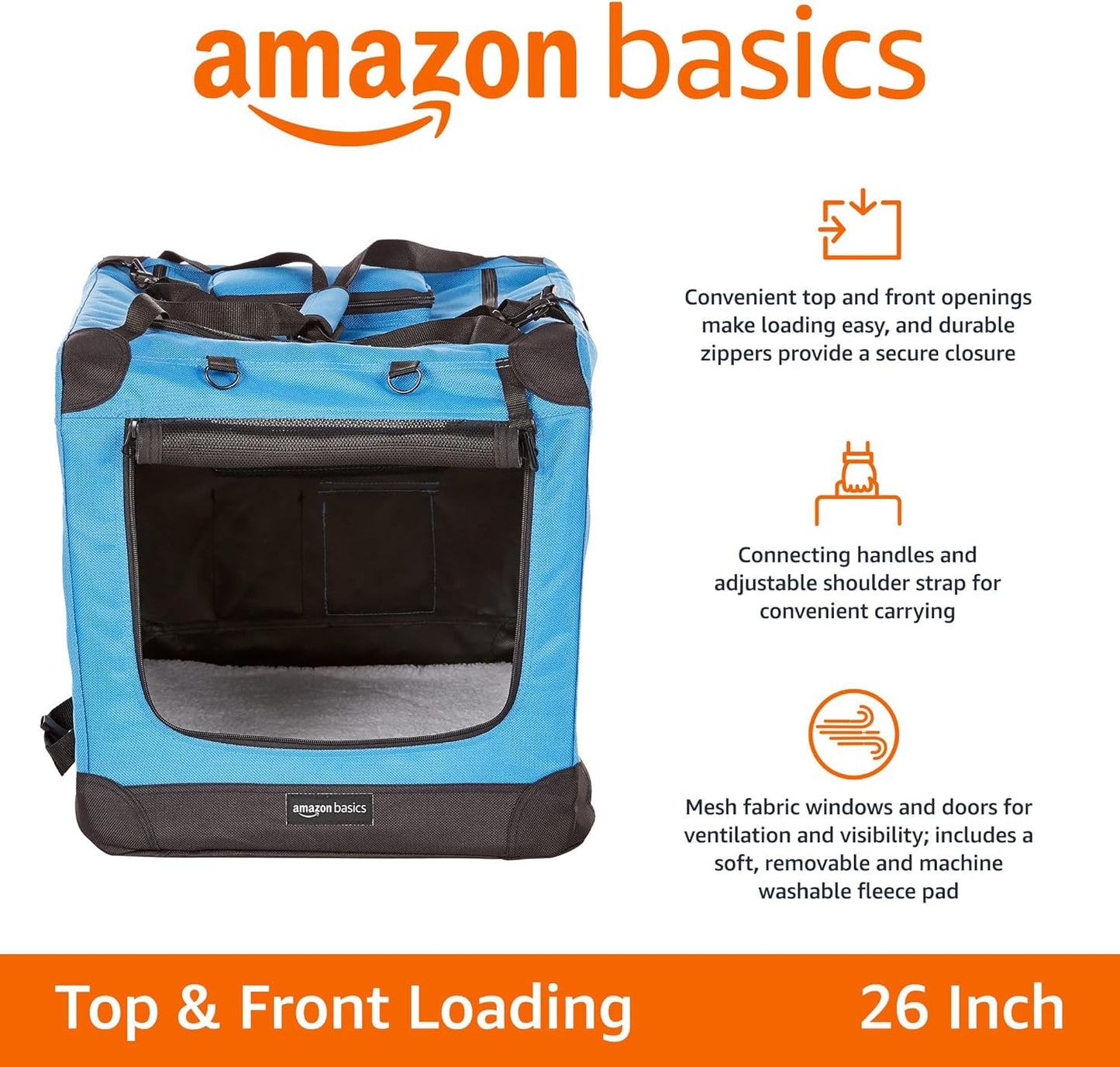 Amazon Basics Folding Portable Soft Pet Dog Crate Carrier Kennel, 26 x 18 x 18 inches, Blue