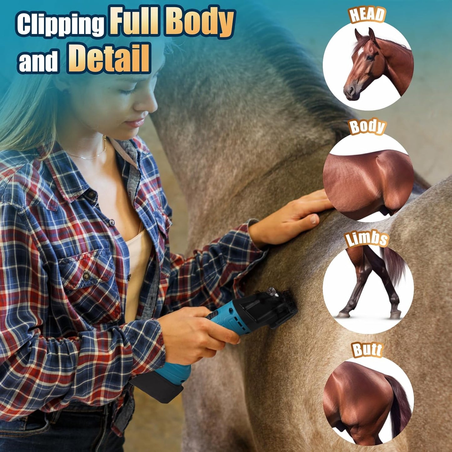 Cordless Electric Professional Horse Clippers,Horse Clippers with 2 PCS Rechargeable Lithium Battery,6 Speeds Heavy Duty Animal Grooming Clippers for Thick Coat