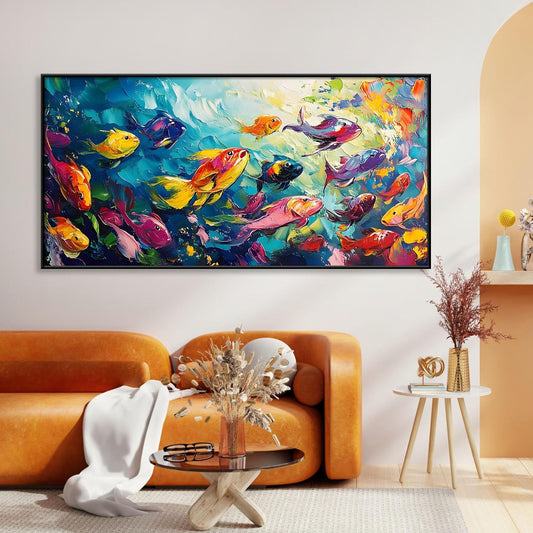 School of Fish Printed Canvas Wall Art – Framed Abstract Ocean Print – Vibrant Fish Wall Decor for Living Room, Bedroom, Office (Black Framed, 62"x31"|160x80cm)