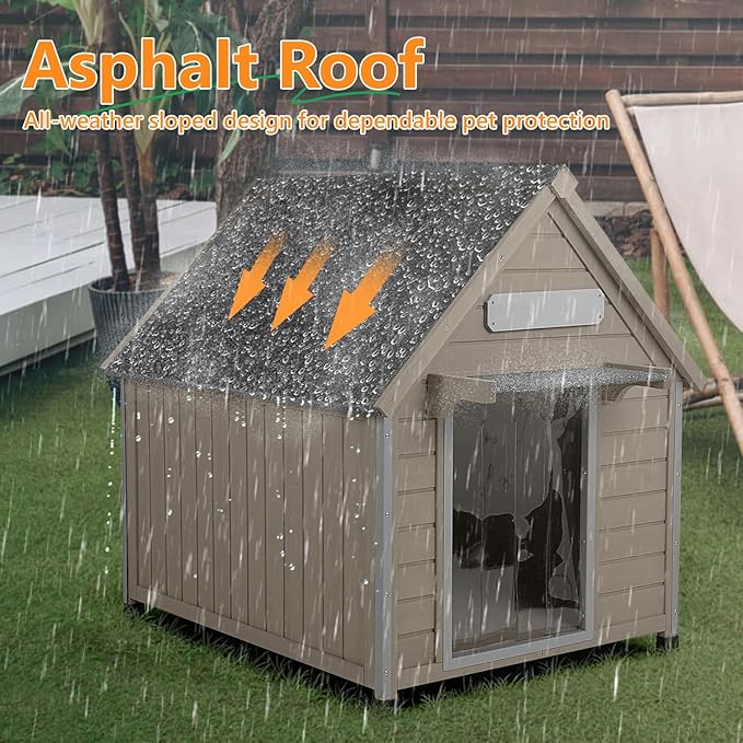 Large Dog House Outdoor Weatherproof, Wooden Dog Kennel Shelter with Anti-Chewing Iron Frame, Removable Floor for Medium to Large Dogs, Easy Clean and Assemble (30.5" L*37.4" W*39.3" H)