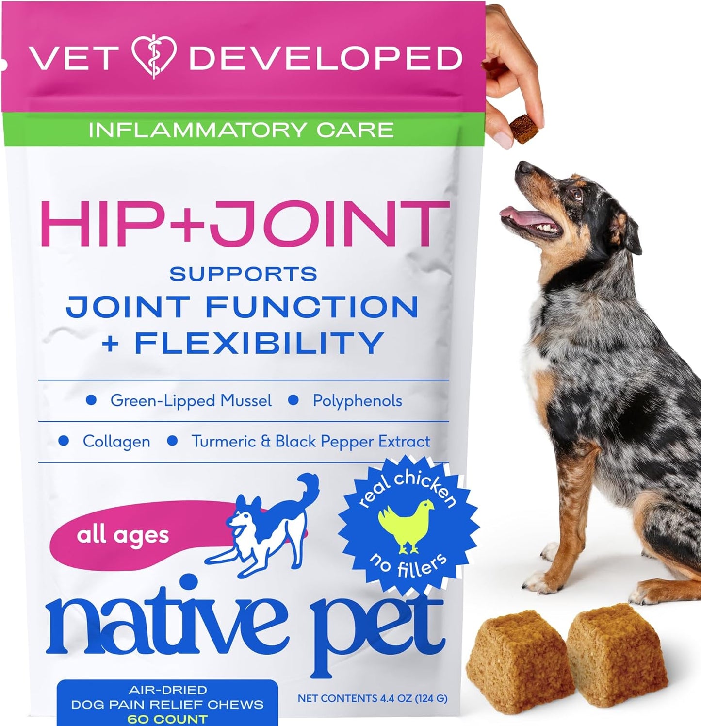 Native Pet Pain Relief for Dogs - Collagen for Dogs Promotes Joint Health, Reduce Inflammation & Stiffness - Senior Pup Joint Supplement - Natural Pain Reliever for Active & Aging Pets - 60 Chews
