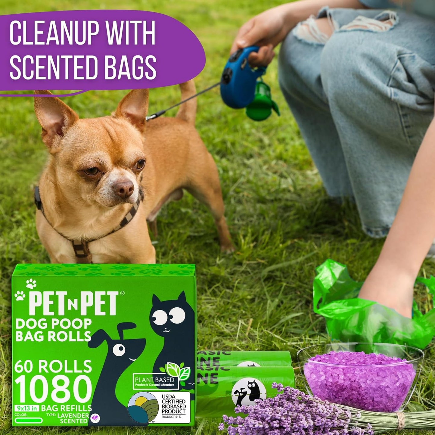 Pet N Pet 1080 Counts Green Poop Bags for Dogs, 41% Plant Based & 59% PE Extra Thick Dog Poop Bags Rolls, 9" x 13", Lavender Scented Pet Waste Bag