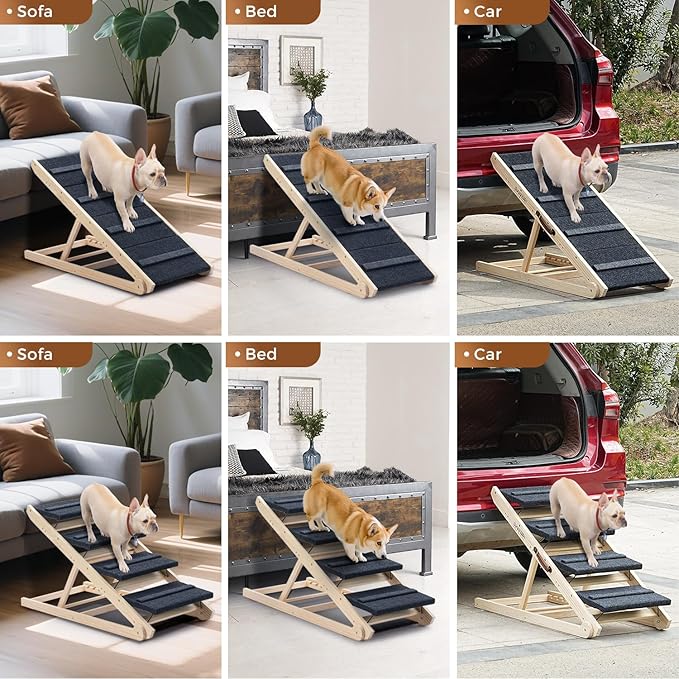 2025 Upgraded Dog Steps for Bed & Couch - 2-in-1 Dog Stairs/Ramp for Small to Large Breeds - 45.3" Long Adjustable 14"-26" Up to 200LBS - Folding Portable Wooden Pet Stairs for high Bed Couch Car