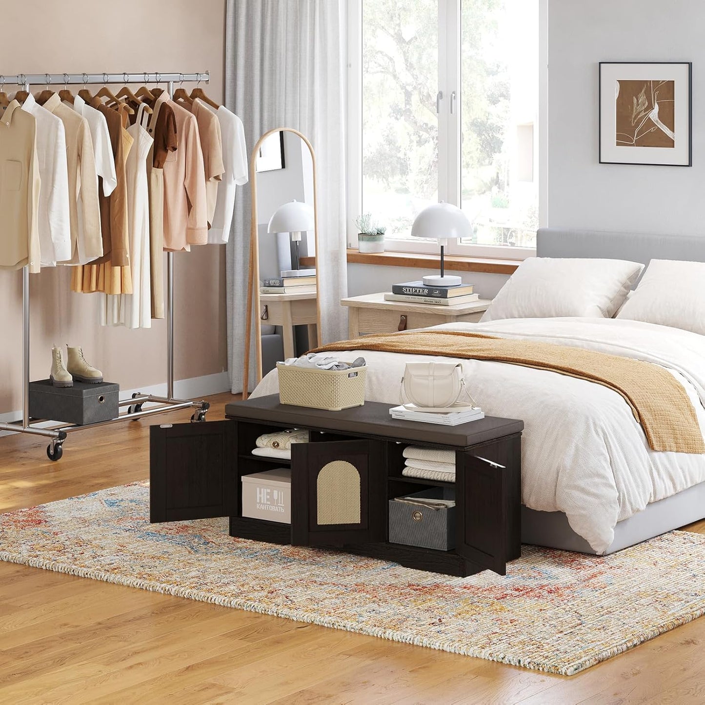 DINZI LVJ Shoe Bench, Entryway Storage Bench with Doors, Cushion, 2-Tier Shoe Rack with 6-Cubby, 39.4”L x 13.8”W Shoe Organizer Cabinet, Adjustable Shelf, Living Room, Bedroom, Espresso with Rattan