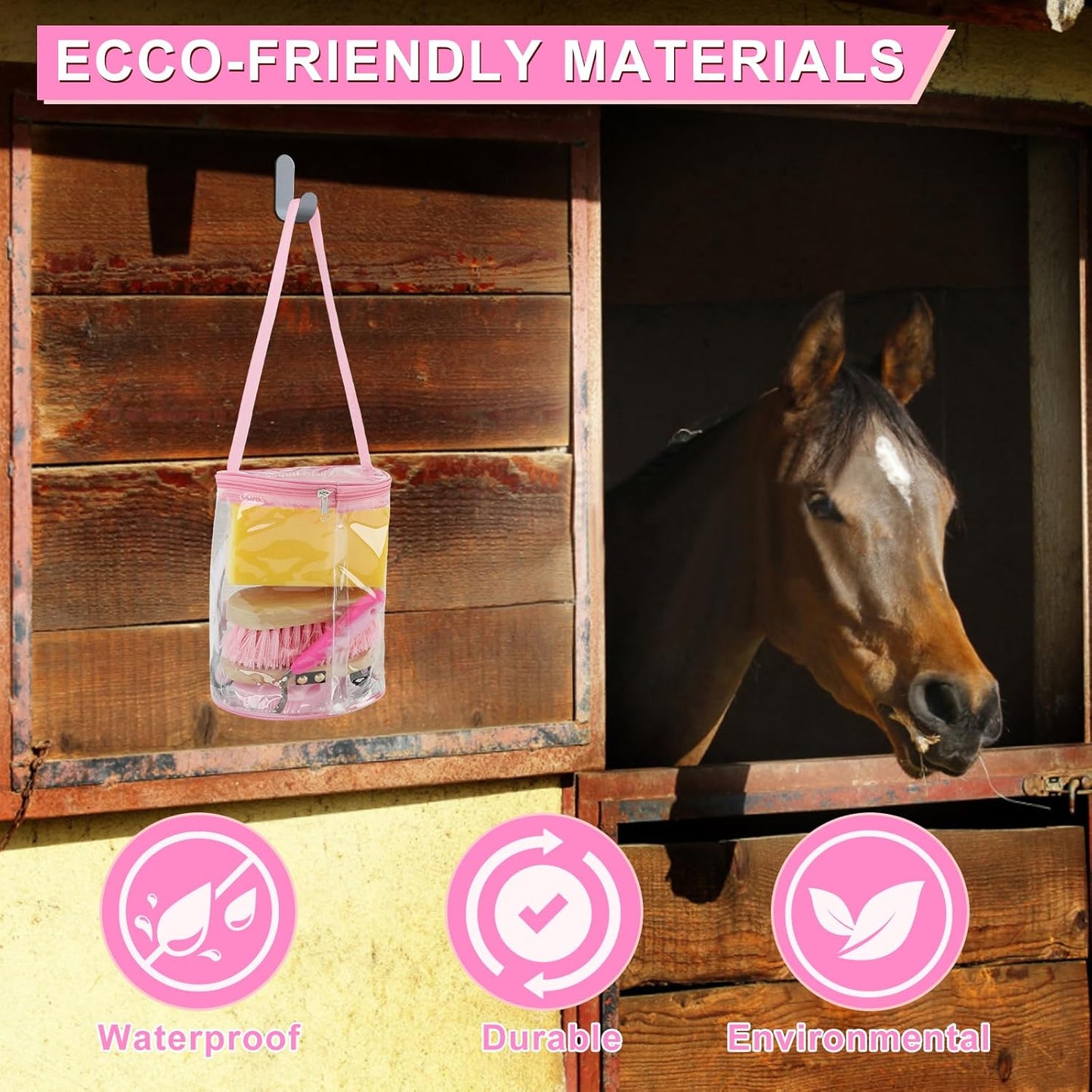 Horse Grooming Kits, 9 Pieces Pink, Includes Tote Bag, Bathing Supplies Sweat Scraper Bathing Sponge, Hoof Pick, Curry Comb for Horse Riders Beginners