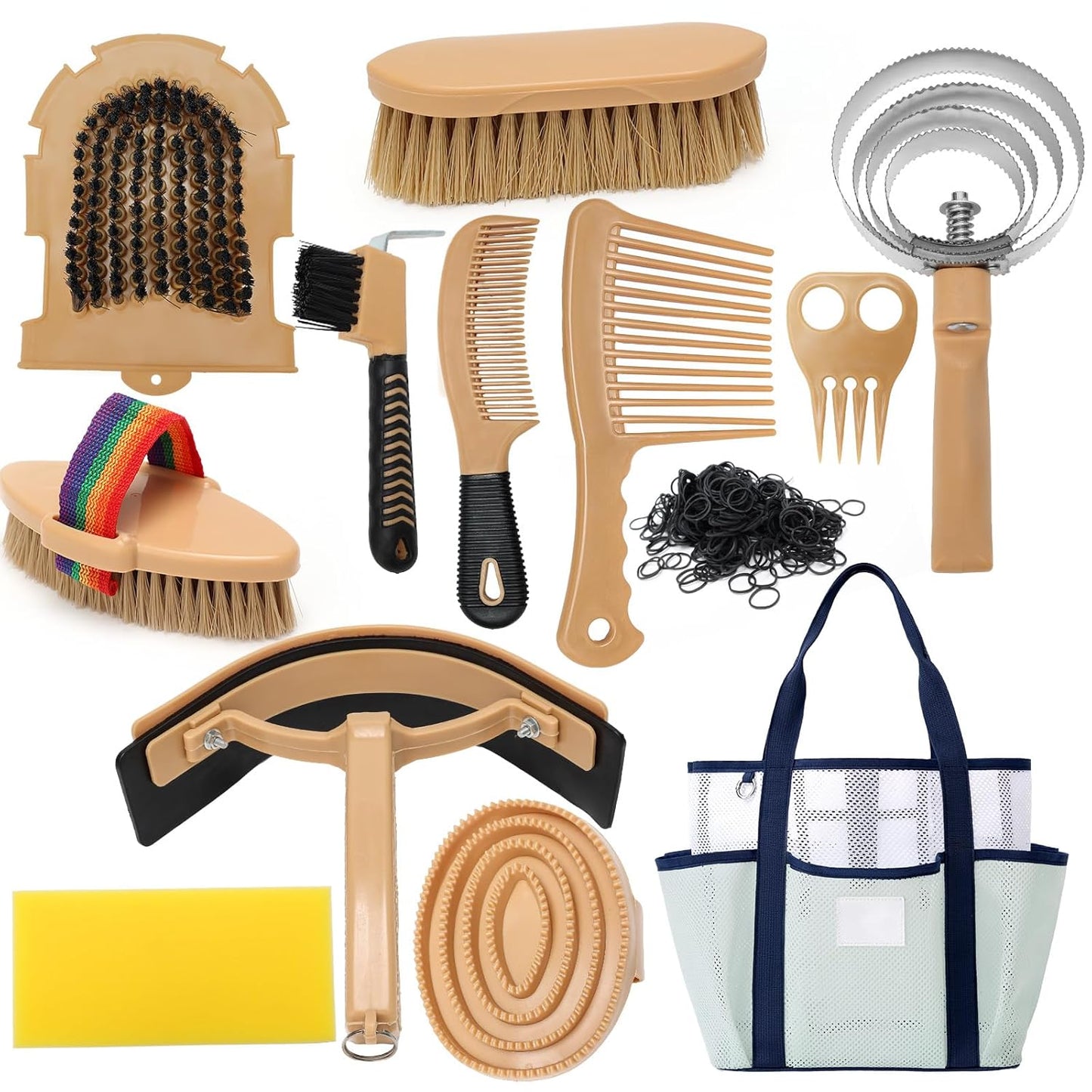 Horse Grooming Kit for Bathing, 13Pcs Horse-Brush Set with Mesh Bag, Shower Brushes, Braiding and Curry Comb, Sweat Scraper, Hoof Pick, Shedding Massaging Tool Supplies for Riders Beginners
