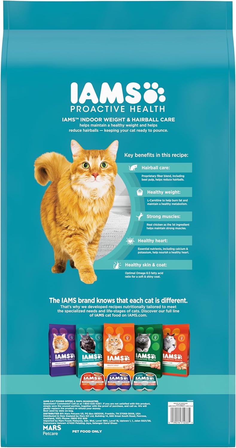 IAMS Proactive Health Indoor Weight Control & Hairball Care Adult Dry Cat Food, Chicken & Turkey Recipe, 22 lb. Bag