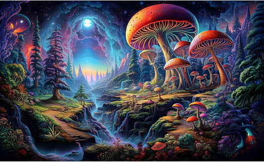 Forest Aquarium Background Fantastic Cartoon Forest Landscape with Mushrooms and Flowers Terrarium Background Fantasy Pine Tree Mysterious Mushroom Theme Fish Tank Backdrop Poster Decor 48x18in