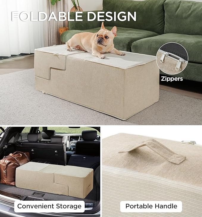 Made4Pets Dog Steps for Bed, Extra Wide Dog Stairs for High Bed Couch Sofa, 35D Foam Pet Steps for Small Dogs and Cats, Non-Slip Bottom Pet Stairs, Beige, 4 Steps