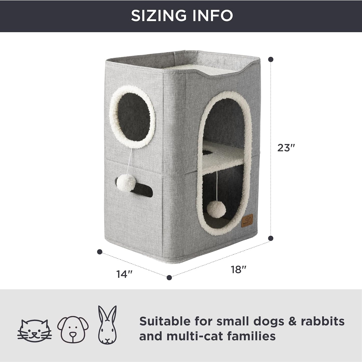 Bedsure 2 Story Cat House - Cat Condos for Indoor Cats with Scratch Pad and Fluffy Ball Hanging, Small Pet Cave Furniture Hideaway for Multi Pets, 18x14x23 inches, Grey