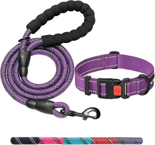Heavy Duty Dog Leash - Comfortable Padded Handle, 5 ft Long - Dog Leashes for Small Medium Large Dogs (Leash+Collar L Neck 20"-25", Purple)