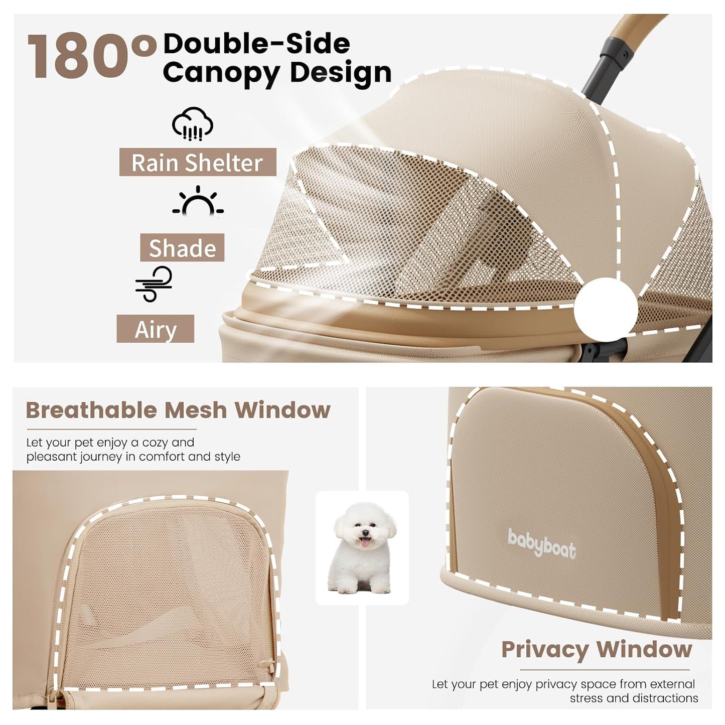 Lightweight Dog Stroller Portable Compact Folded Pet Stroller for Small/Medium Dogs & Cats Up to 35lbs One Click Folding Large Cat Carriage with Adjustable Canopy Storage Basket- Khaki