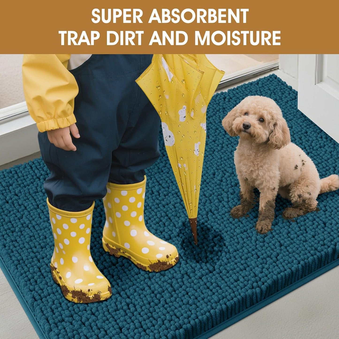 IM HOME Dog Door Mats for Muddy Paws, Chenille Absorbent Door Mats, Non Slip Heavy Mud Mat for Dogs, Soft Indoor Door Mat for Entryway, Mud Paws, Inside Floor,36" X 24", Teal Blue