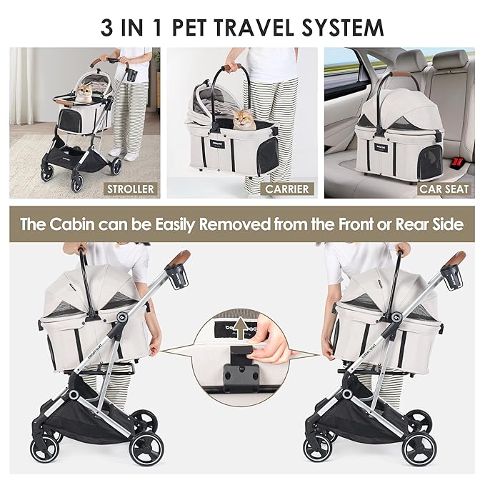 T3 Pro 3-in-1 Pet Stroller for Small Dogs & Cats – Foldable, Lightweight with Detachable Carrier, 180° Canopy & Cup Holder (Beige)