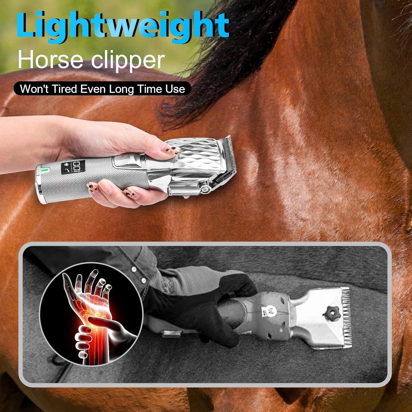 Horse Clippers, Cordless Trimmers Grooming Kit with 2500mAh Battery，Low Noise Heavy Duty Body Clipping Machine with LED Display, Suitable for Horse, Cattle, Cat, Dog with Thick/Tangled Coat