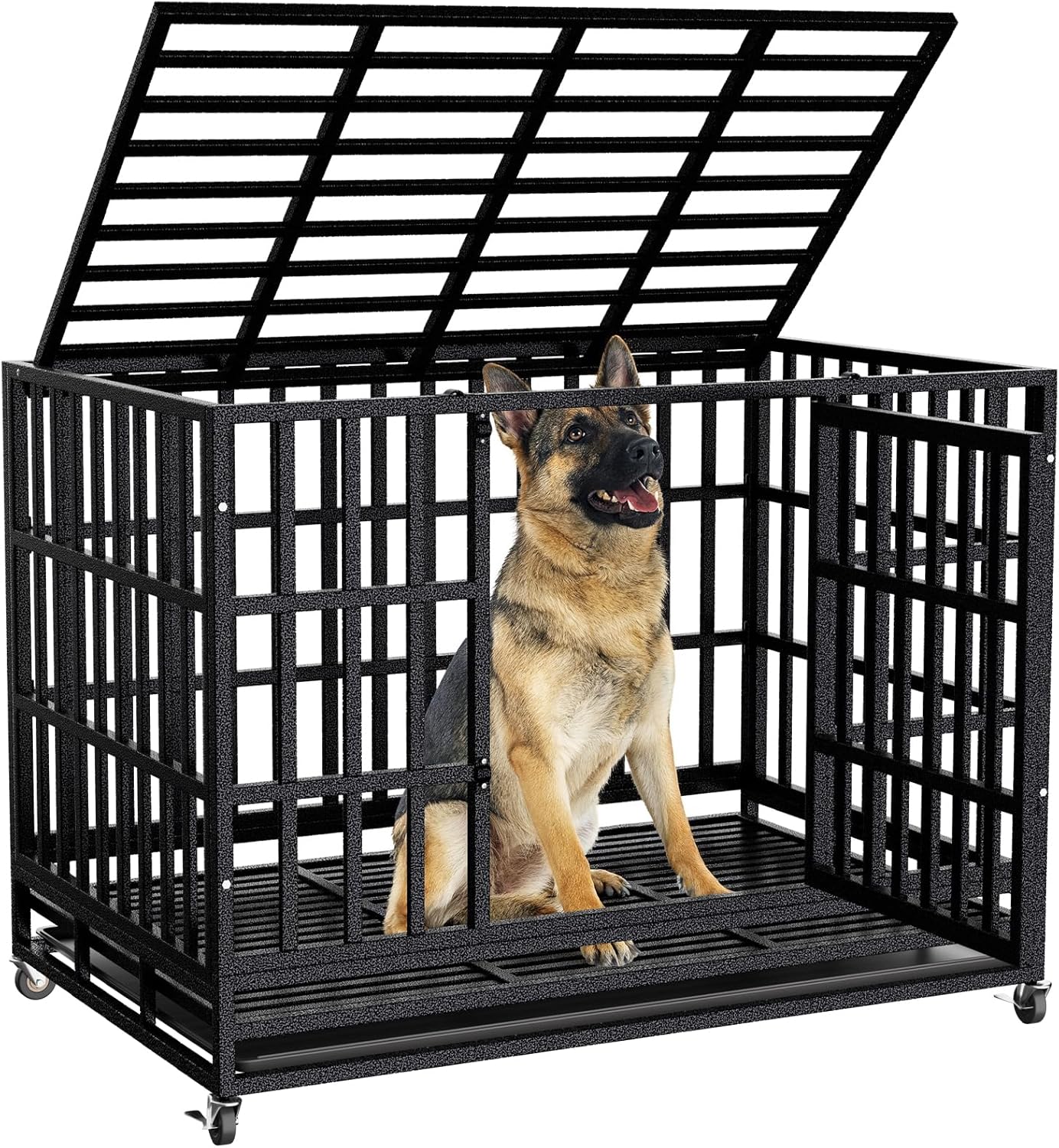38 Inch Heavy Duty Dog Crate for Large Dogs,Upgraded Escape-Proof Kennel with Chew-Resistant Metal & Reinforced Base, Double Door Cage with Wheels & Removable Tray, Holds Up to 200lbs