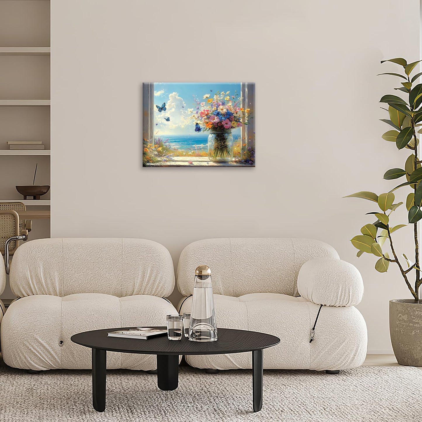 Beach Floral Bathroom Pictures Wall Art, Colorful Flower Bathroom Wall Decor, Coastal Ocean Framed Painting Canvas Artwork for Bedroom Living Room Decorations 20"L x 16"W