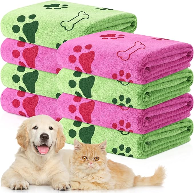 Chumia 8 Pcs Dog Towels for Drying Dogs Cats Pet Towels Bulk Puppy Microfiber Quick Drying Paw Bath Bathing Supplies Absorbent for Medium Pets(Hot Pink,Green,40 x 24 Inch)