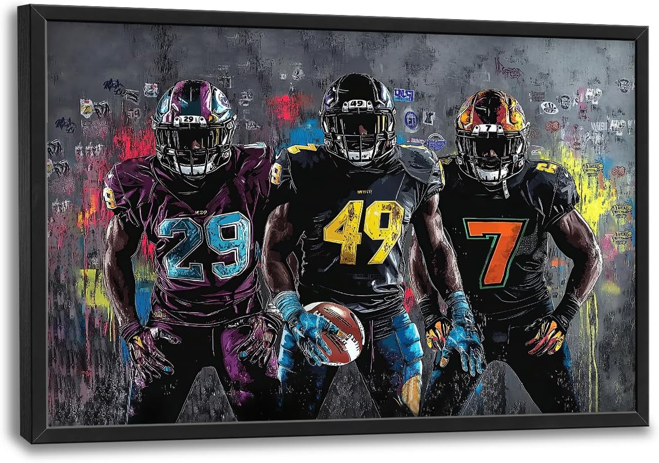 Large Rugby Player Wall Art for Living Room, Framed Oversized Graffiti Sport Wall Decor Cool Canvas Painting Pictures for Men Modern Artwork for Living Room Bathroom Bedroom Office Dining Room 36"x24"