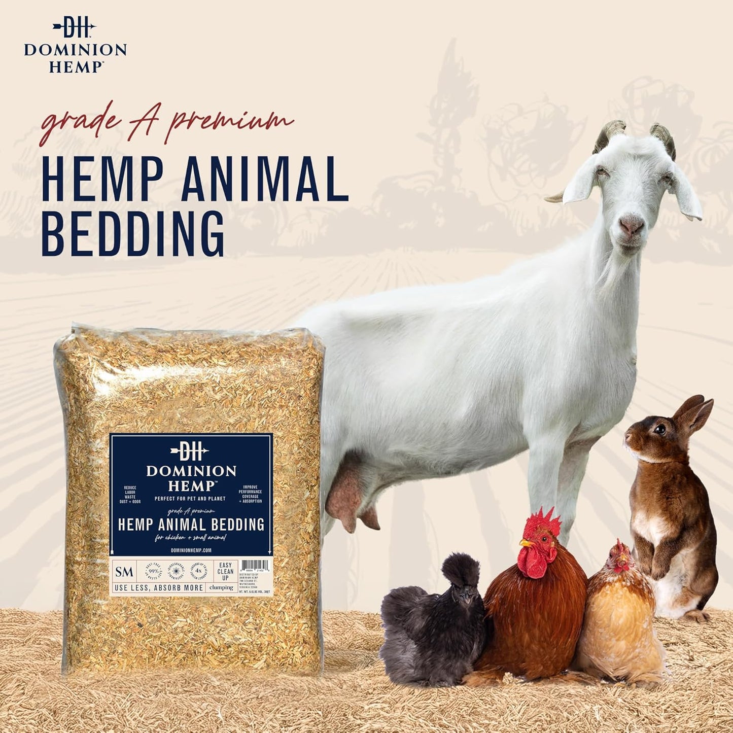 Premium Hemp Bedding for Chicken Coops 2 Cubic Feet (57L) - USA-Grown & Processed - Nesting Boxes for Chickens, Rabbits, Guinea Pigs, Hamsters, Reptiles, and Brooders - 6.6 lb. - 1 Pack
