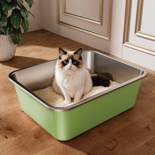 Stainless Steel Litter Box, Large Metal Cat Litter Box with High Sided for Big and Small Cats, Non-Stick, Easy to Clean, Odor-Free, 17.5" L×13.6" W×5.9" H, Leaf Green